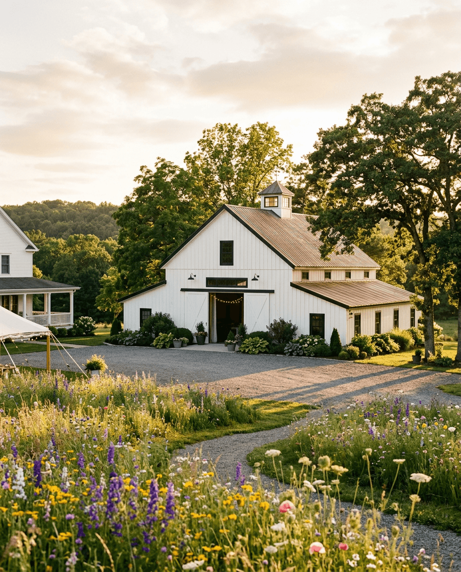 Generated image of a white barn venue at golden hour