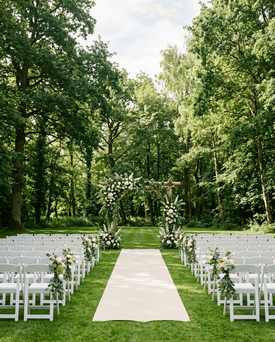 Generated image of a garden ceremony lawn with white chairs and a greenery arbour