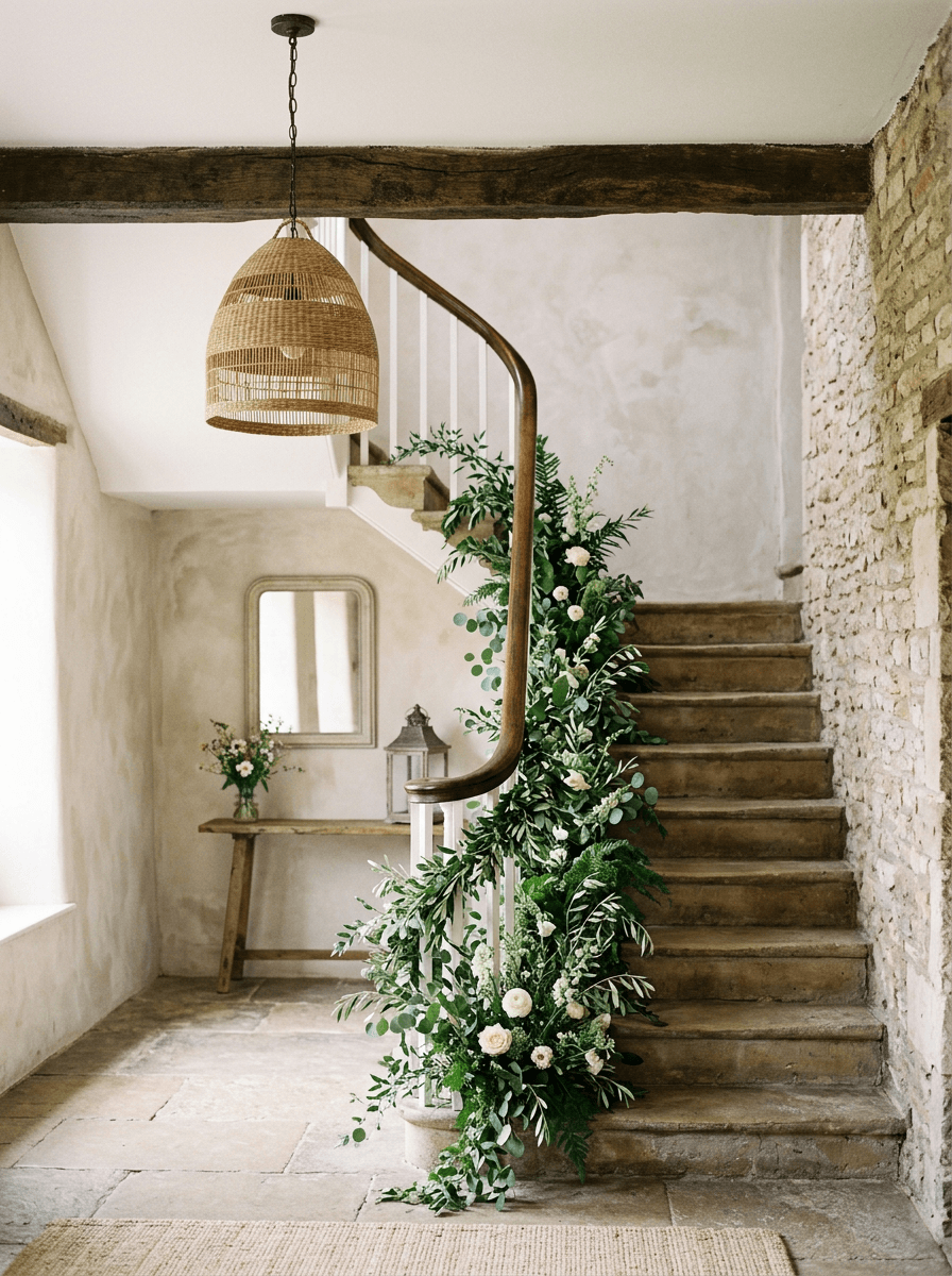 Generated image of a stone staircase in a restored farmhouse venue with a greenery garland