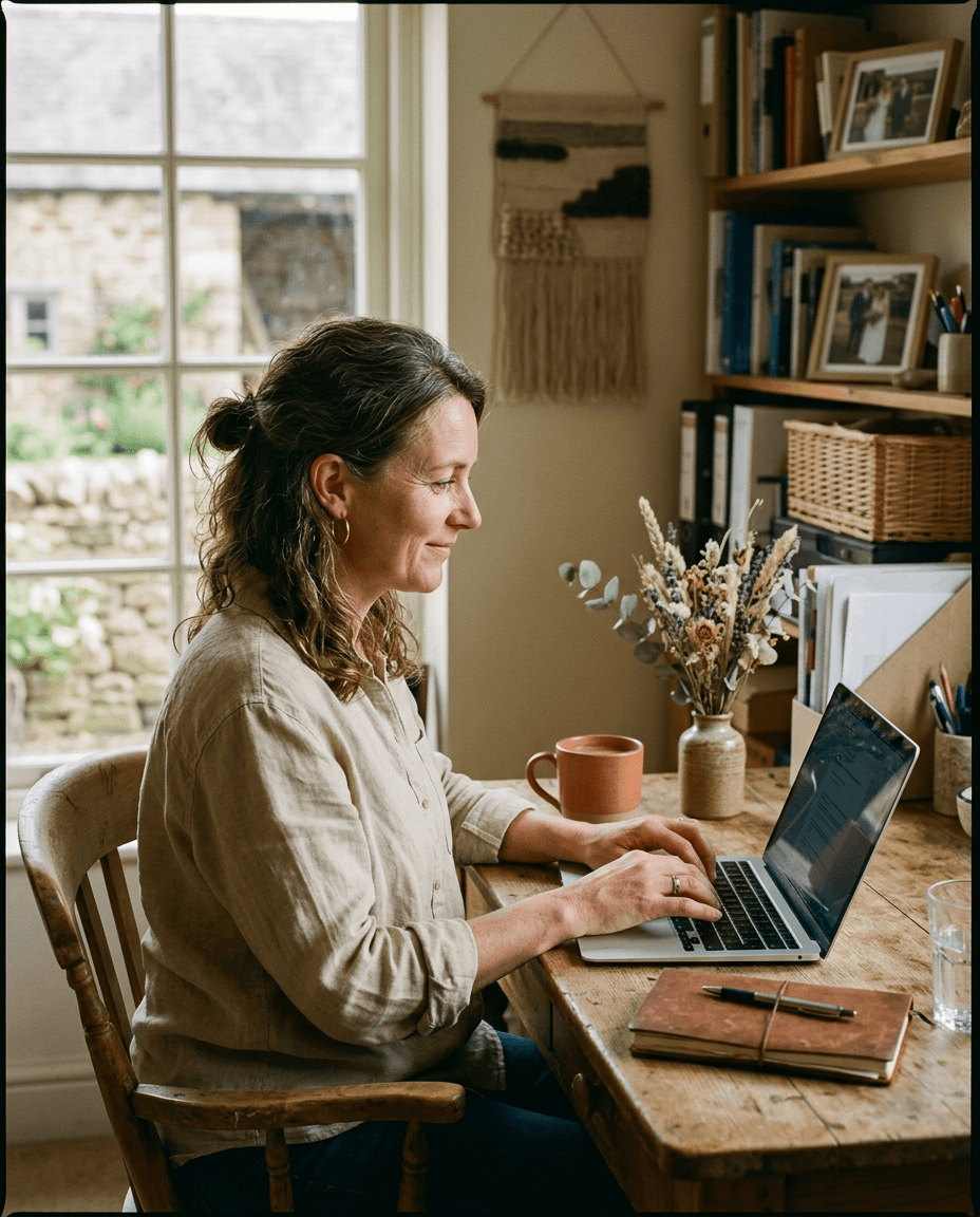Generated image of a venue owner typing at a wooden desk in a sunlit farmhouse office