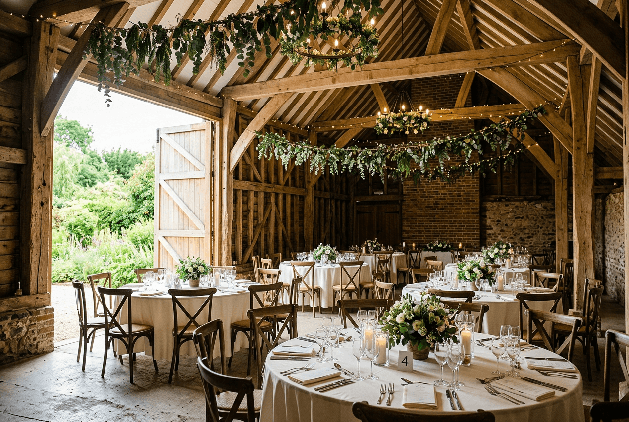 Generated image of a timber barn being set for a reception with round tables and greenery