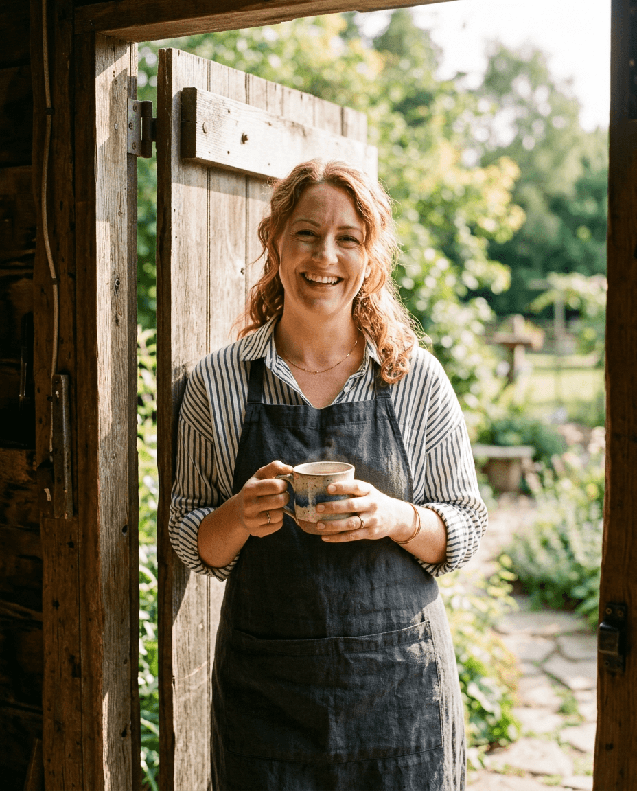 Generated image of a smiling venue coordinator in a barn doorway holding a mug